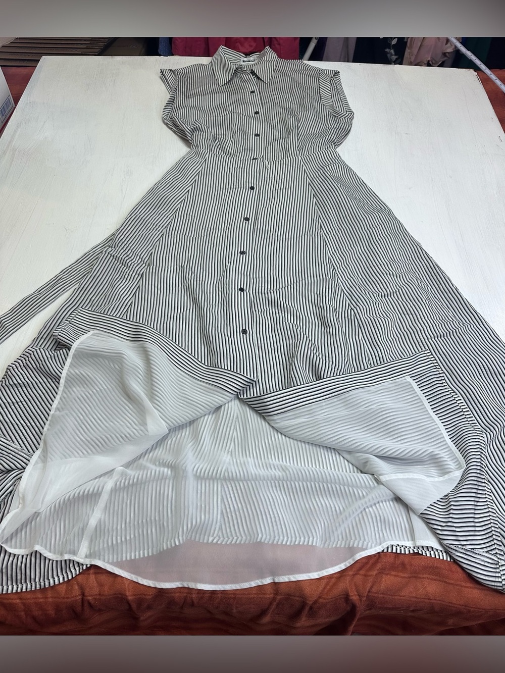 Calvin Klein NWT Women’s Size 10 Black White Stripe Belted Maxi Collared Dress - Picture 6 of 12
